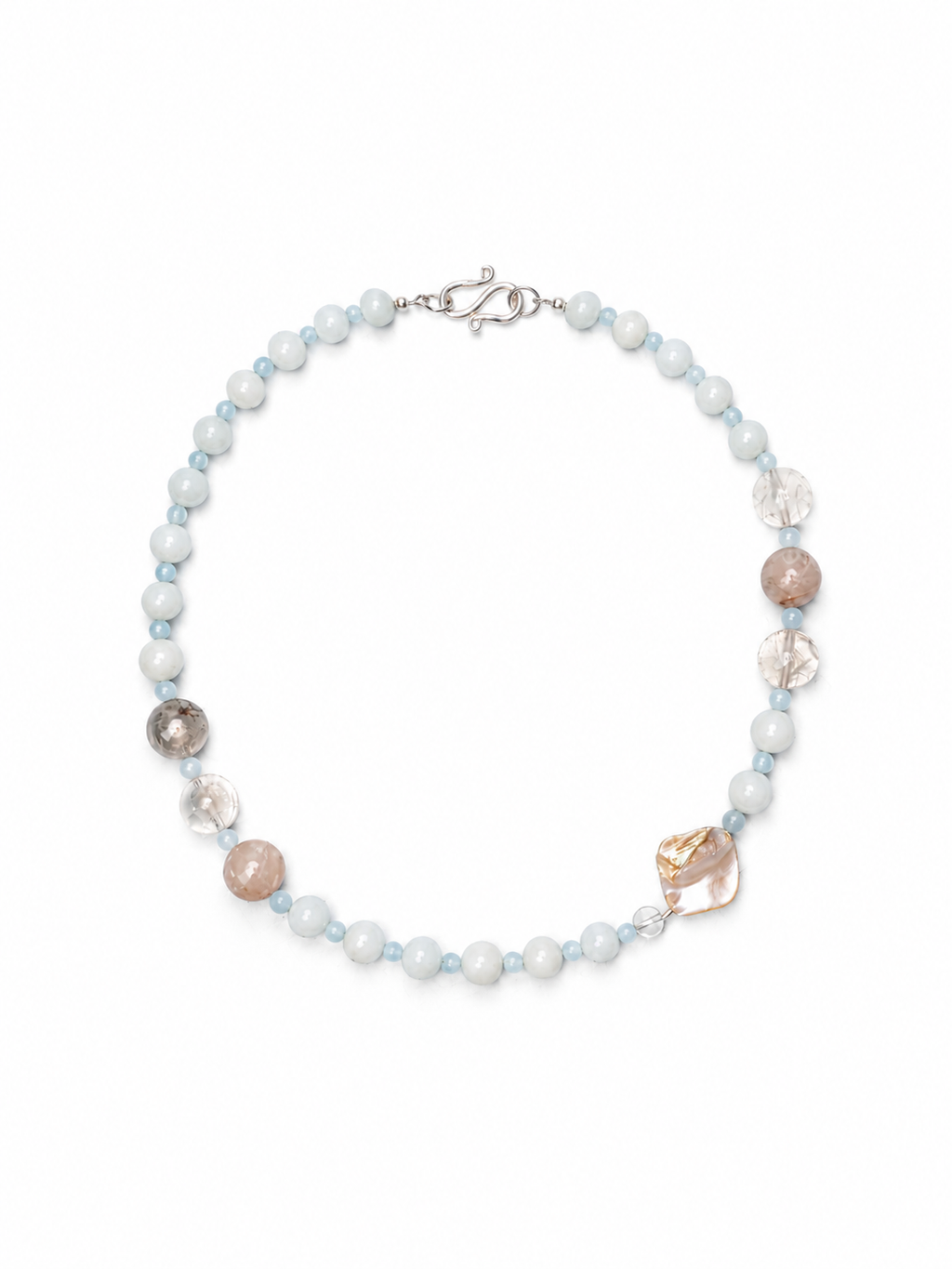 Necklace with multicolored beads on a white background
