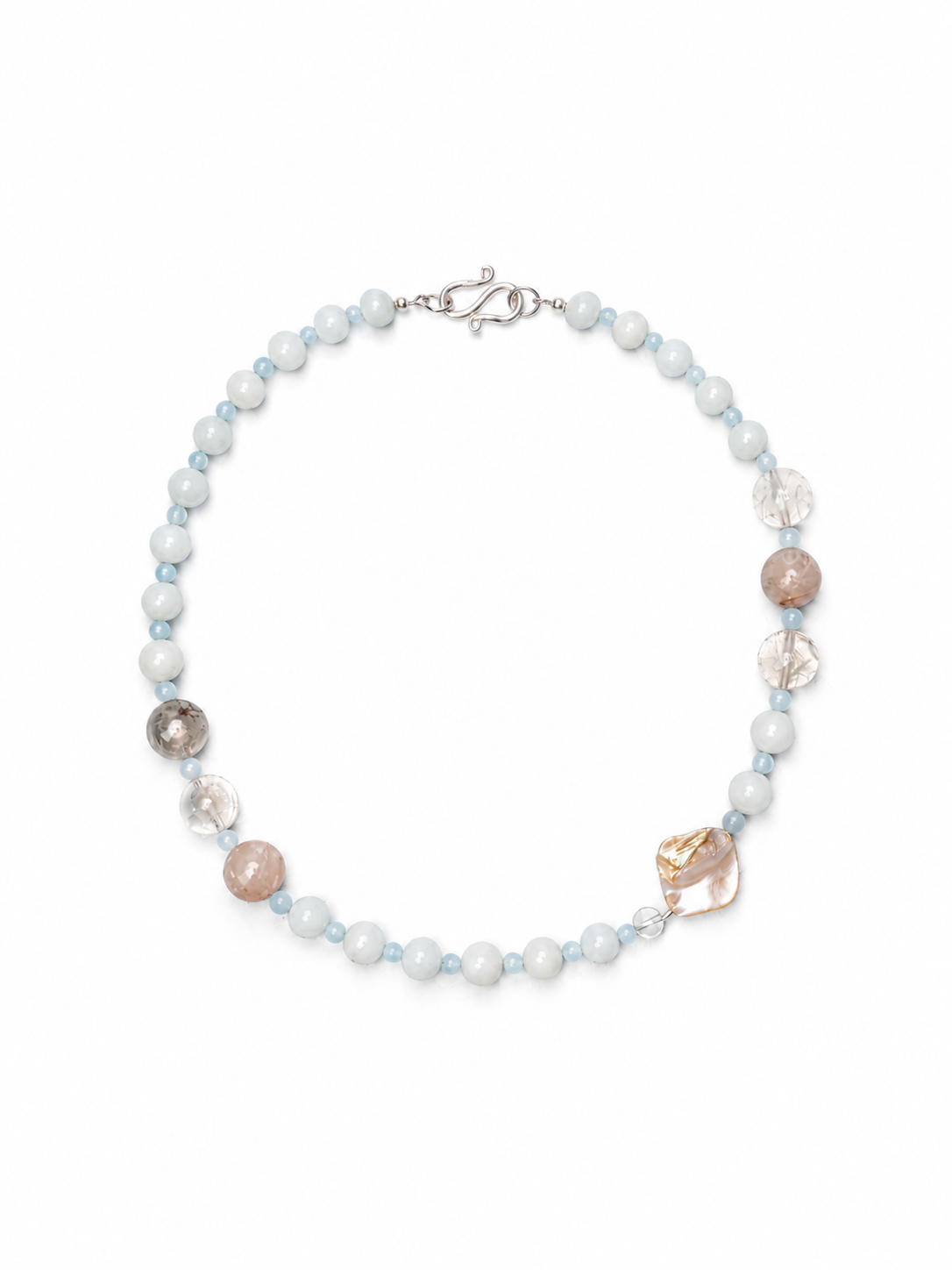 Necklace with multicolored beads on a white background